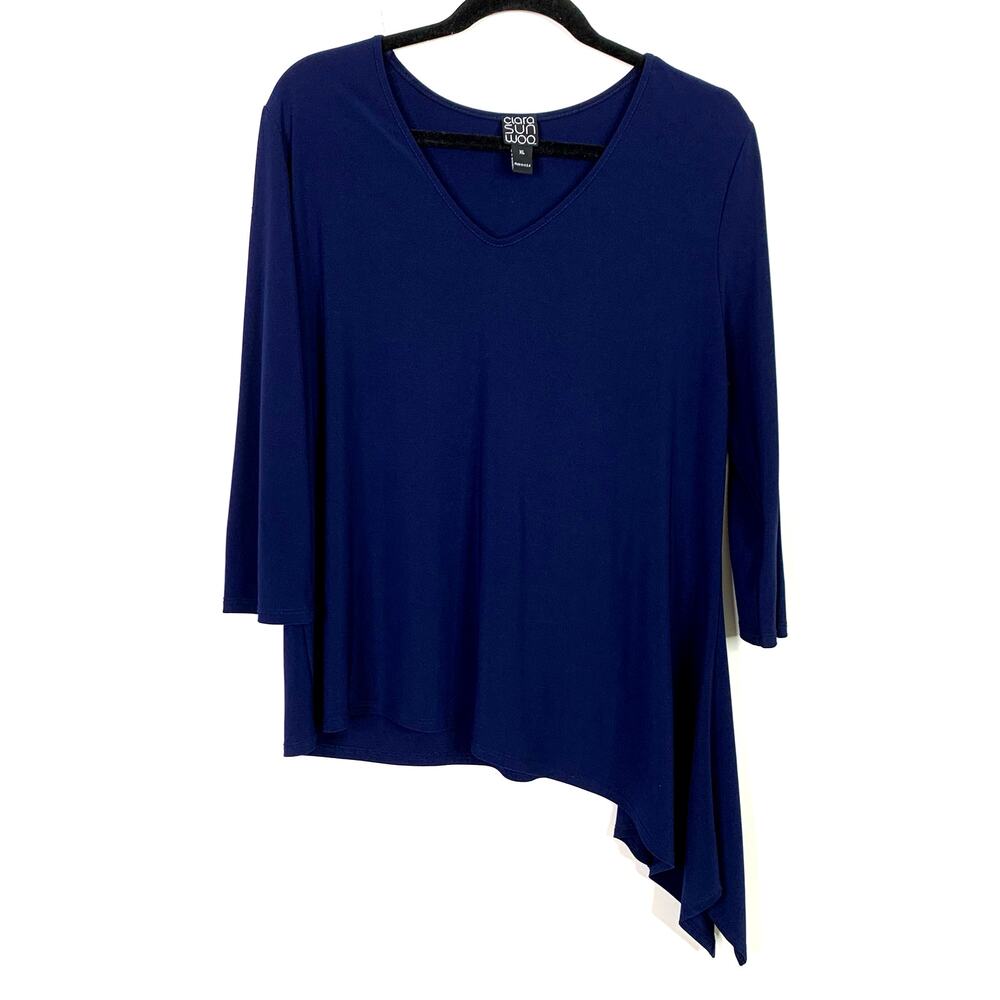 Clara Sun Woo Top XL Blue Liquid Knit V-Neck 3/4 Sleeve Lagenlook Asymmetrical